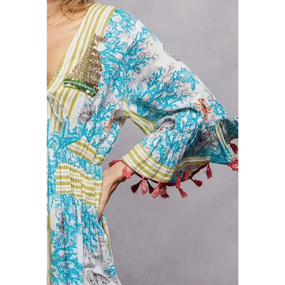 POL - Beach Inspired Pattern Ruffle Sleeve Tassel Maxi Dress - Medium - Picture 6 of 6